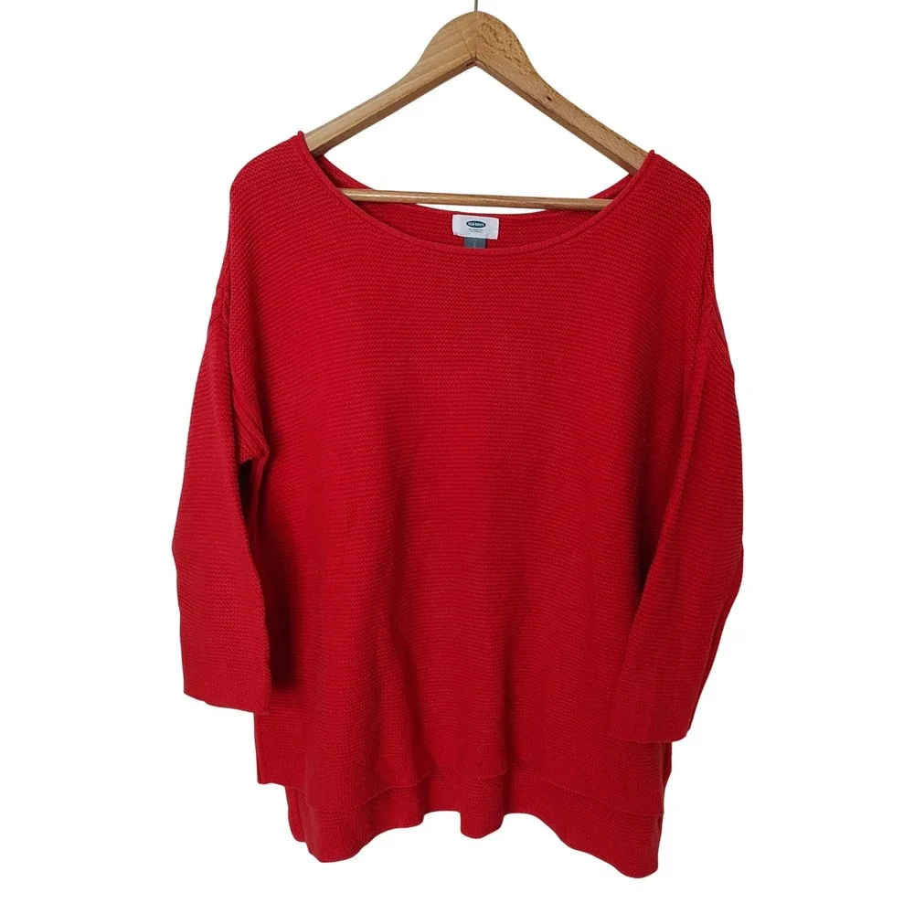 Old Navy Womens Red Garter Stitch Sweater 3/4‎ Sleeve Coastal Preppy Casual